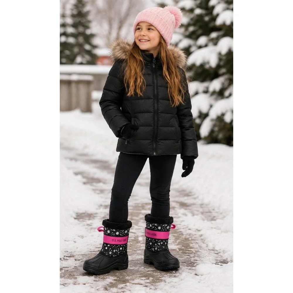 U.S. POLO ASSN. Girls Black Snowflake Winter Snow Boots Pink Size 13M NWT